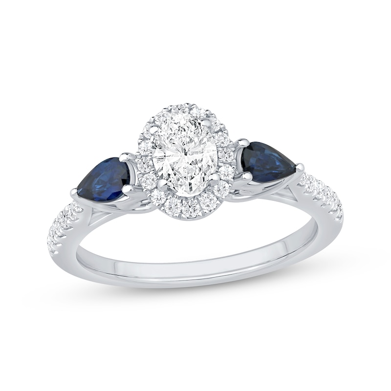 Main Image 1 of Memories Moments Magic Oval-Cut Diamond & Pear-Shaped Blue Sapphire Three-Stone Engagement Ring 3/4 ct tw 14K White Gold