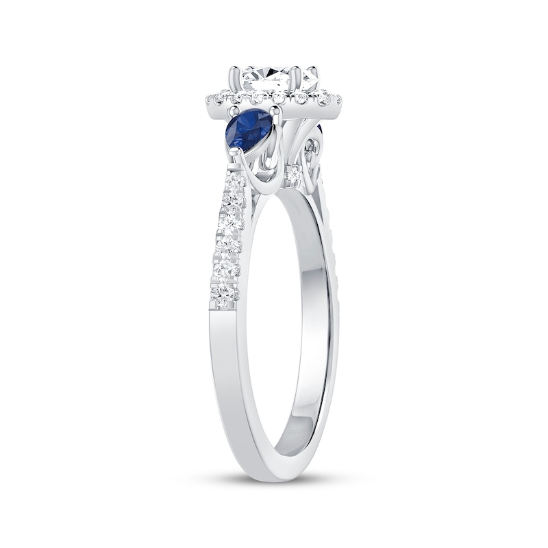 Main Image 2 of Memories Moments Magic Oval-Cut Diamond & Pear-Shaped Blue Sapphire Three-Stone Engagement Ring 3/4 ct tw 14K White Gold