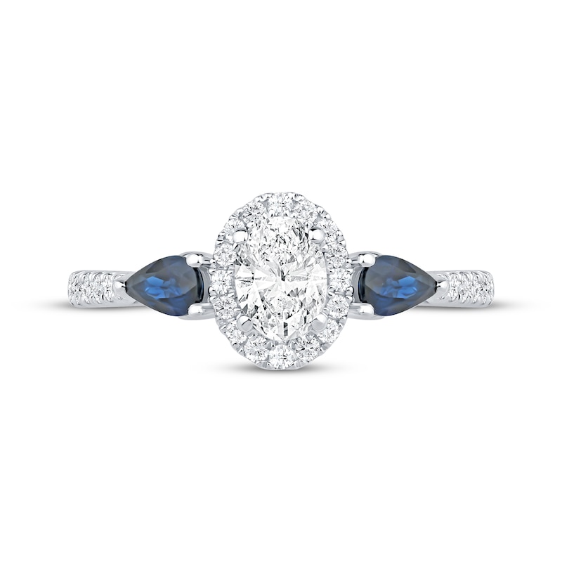 Memories Moments Magic Oval-Cut Diamond & Pear-Shaped Blue Sapphire Three-Stone Engagement Ring 3/4 ct tw 14K White Gold