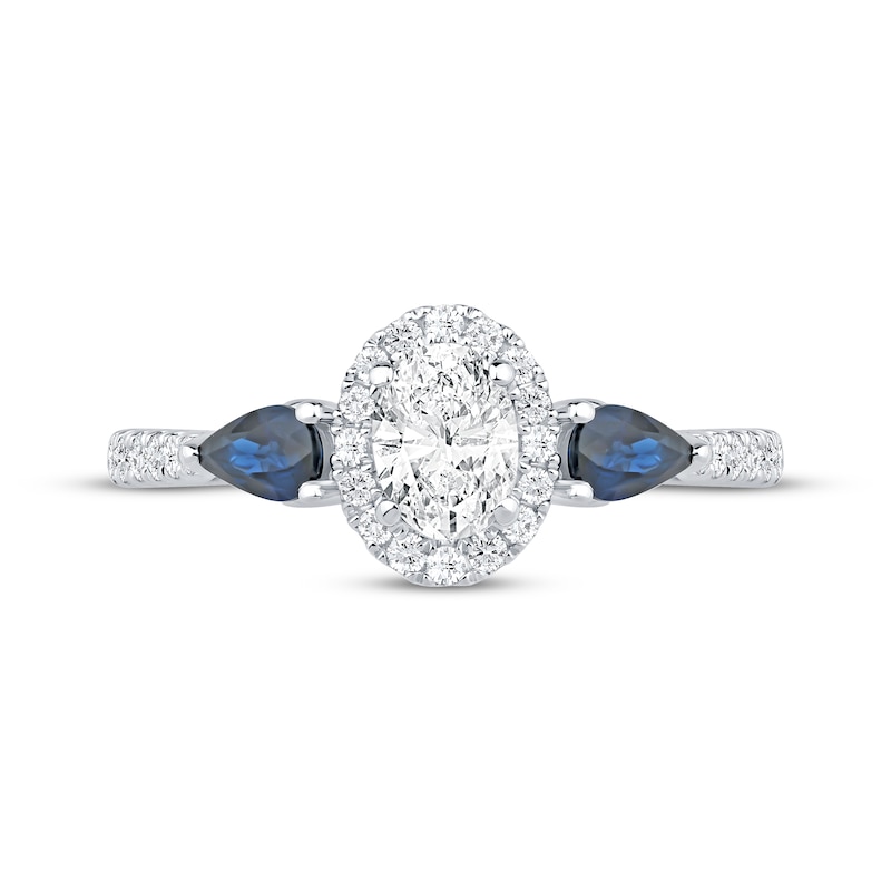 Main Image 3 of Memories Moments Magic Oval-Cut Diamond & Pear-Shaped Blue Sapphire Three-Stone Engagement Ring 3/4 ct tw 14K White Gold