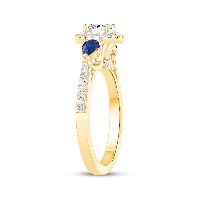 Main Image 2 of Memories Moments Magic Oval-Cut Diamond & Pear-Shaped Blue Sapphire Three-Stone Engagement Ring 3/4 ct tw 14K Yellow Gold