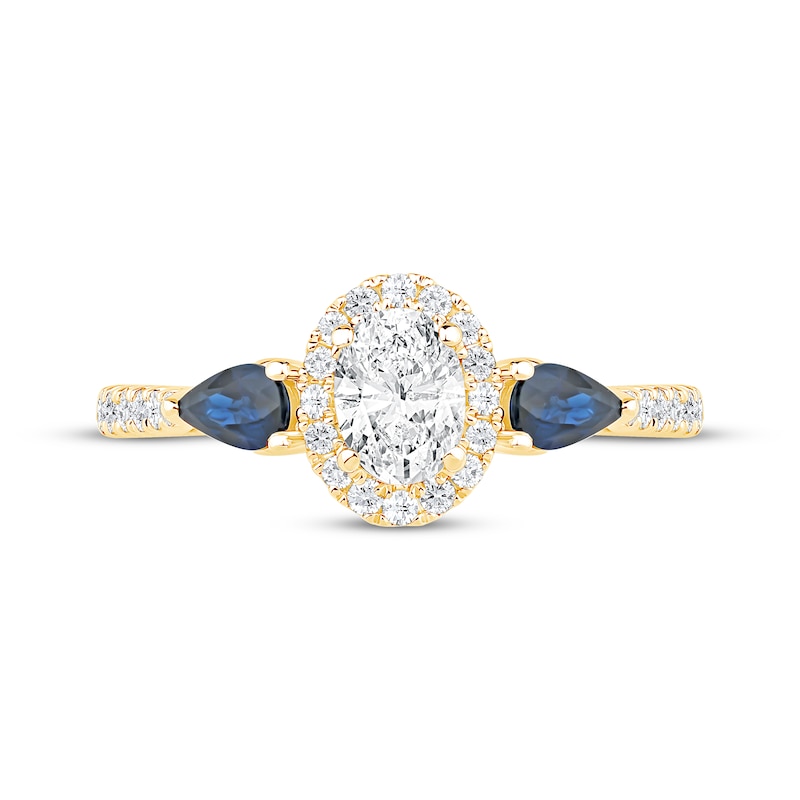 Main Image 3 of Memories Moments Magic Oval-Cut Diamond & Pear-Shaped Blue Sapphire Three-Stone Engagement Ring 3/4 ct tw 14K Yellow Gold