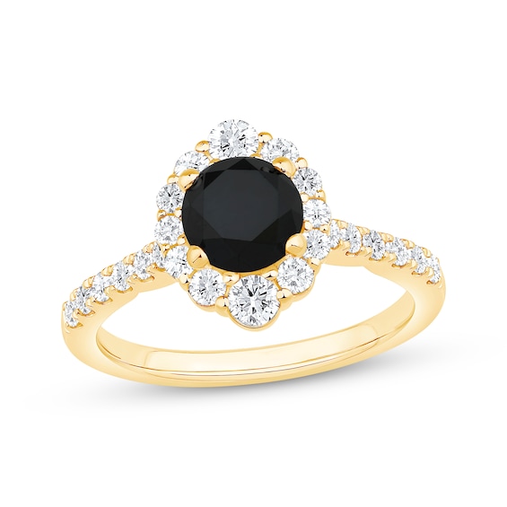 Round-Cut Black & White Diamond Halo Engagement Ring 1-5/8 ct tw 10K Yellow Gold