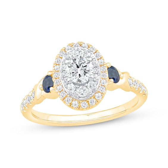 Round-Cut Diamond & Blue Sapphire Oval Halo Engagement Ring 3/4 ct tw 14K Yellow Gold