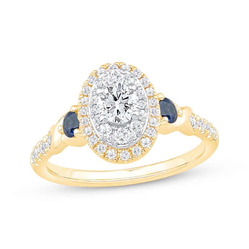 Main Image 1 of Now + Forever Round-Cut Diamond & Blue Sapphire Oval Halo Engagement Ring 3/4 ct tw 14K Yellow Gold