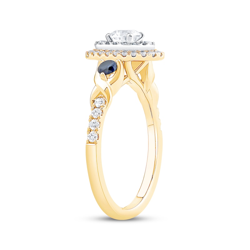 Main Image 2 of Now + Forever Round-Cut Diamond & Blue Sapphire Oval Halo Engagement Ring 3/4 ct tw 14K Yellow Gold