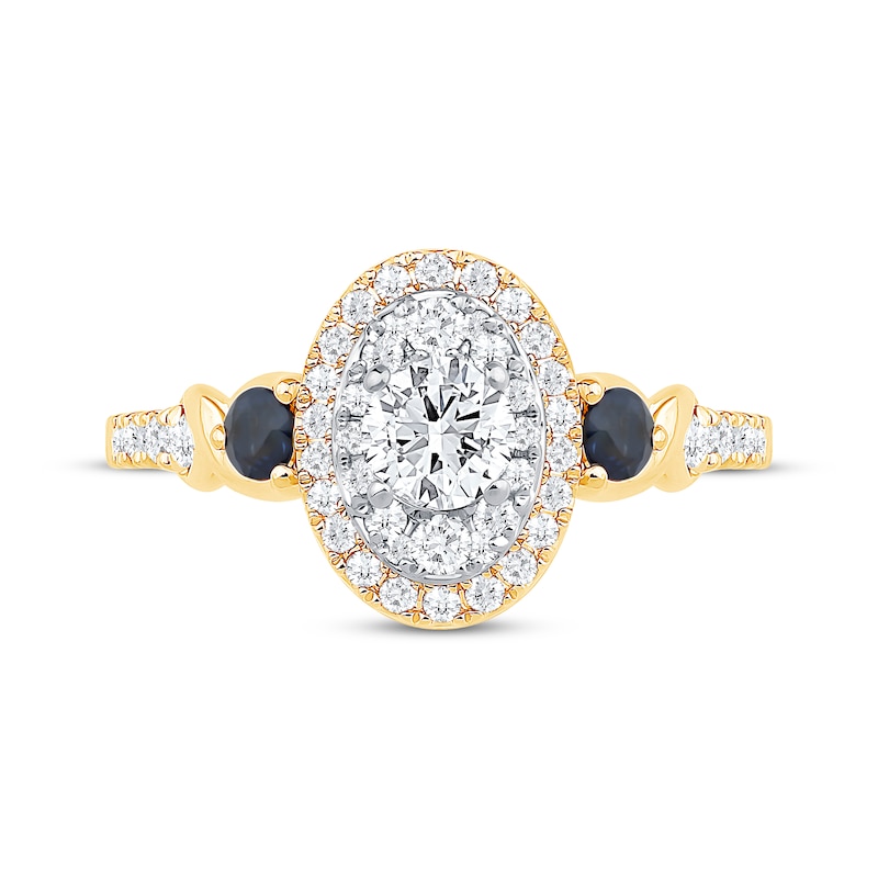 Main Image 3 of Now + Forever Round-Cut Diamond & Blue Sapphire Oval Halo Engagement Ring 3/4 ct tw 14K Yellow Gold