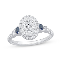 Now + Forever Round-Cut Diamond & Blue Sapphire Oval Halo Engagement Ring 3/4 ct tw 14K White Gold