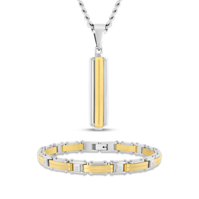 Main Image 1 of Men's Diamond Necklace & Bracelet Gift Set 1/20 ct tw Stainless Steel & Yellow Ion-Plating
