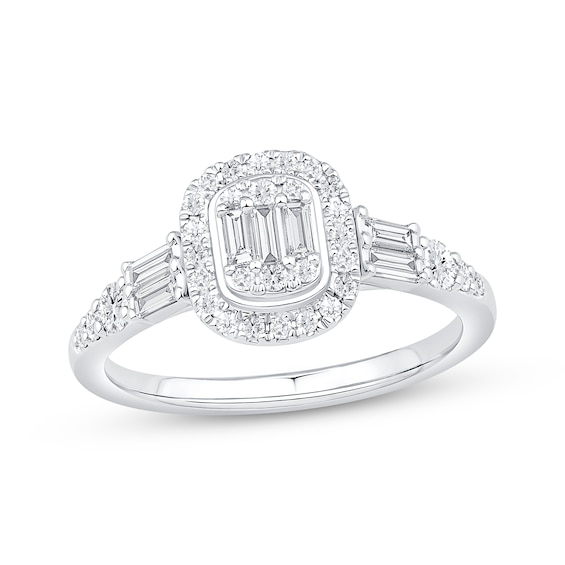 Baguette & Round-Cut Multi-Diamond Halo Engagement Ring 1/2 ct tw 14K White Gold