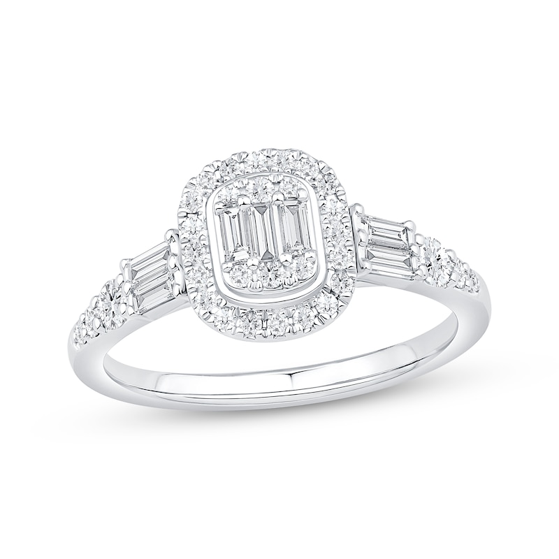 Main Image 1 of Now + Forever Baguette & Round-Cut Multi-Diamond Halo Engagement Ring 1/2 ct tw 14K White Gold