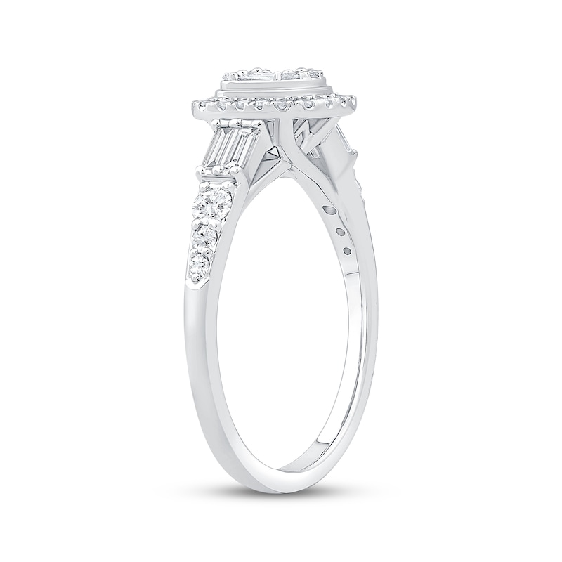 Main Image 2 of Now + Forever Baguette & Round-Cut Multi-Diamond Halo Engagement Ring 1/2 ct tw 14K White Gold