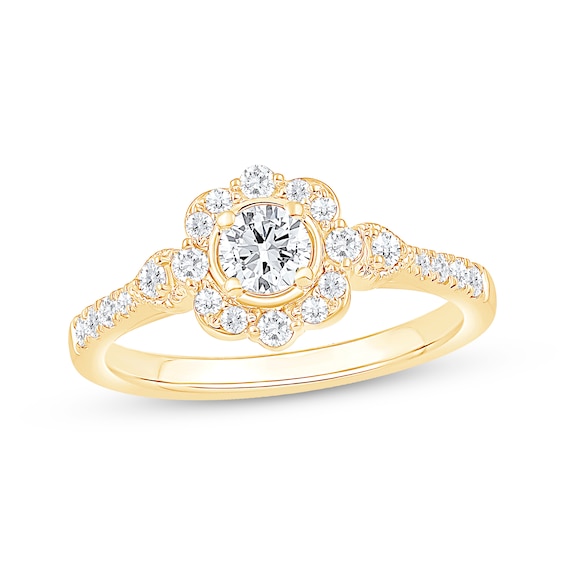 Now + Forever Round-Cut Diamond Flower Halo Engagement Ring 5/8 ct tw 14K Yellow Gold