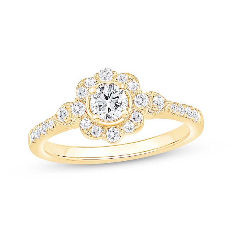 Main Image 1 of Now + Forever Round-Cut Diamond Flower Halo Engagement Ring 5/8 ct tw 14K Yellow Gold