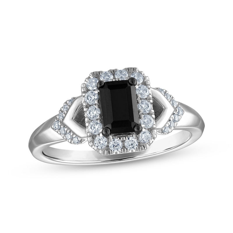 Main Image 1 of Now + Forever Emerald-Cut Black Diamond & White Diamond Halo Engagement Ring 1-1/4 ct tw 14K White Gold