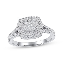 Now + Forever Multi-Diamond Cushion-Shaped Double Halo Engagement Ring 3/8 ct tw 10K White Gold