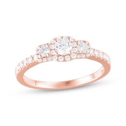 Now + Forever Diamond Three-Stone Halo Engagement Ring 1/2 ct tw 14K Rose Gold