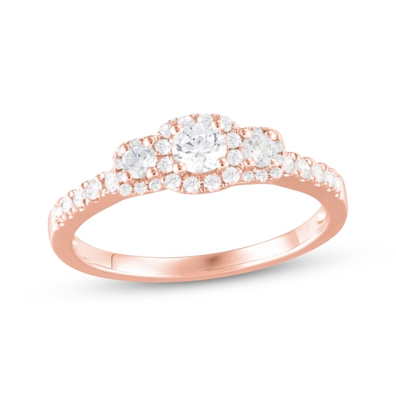 Now + Forever Diamond Three-Stone Halo Engagement Ring 1/2 ct tw 14K Rose Gold