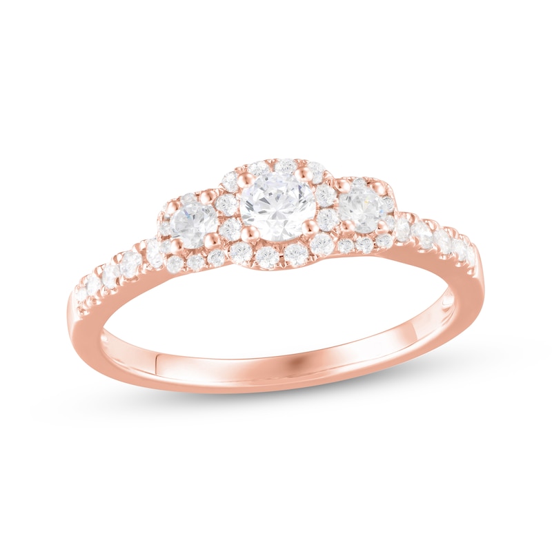 Main Image 1 of Now + Forever Diamond Three-Stone Halo Engagement Ring 1/2 ct tw 14K Rose Gold