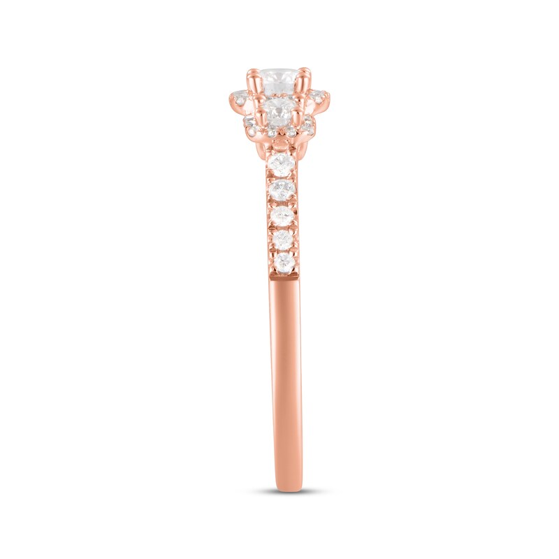 Main Image 2 of Now + Forever Diamond Three-Stone Halo Engagement Ring 1/2 ct tw 14K Rose Gold