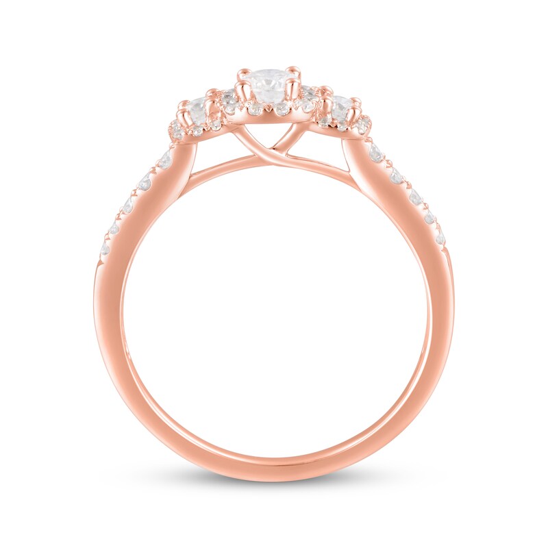 Main Image 3 of Now + Forever Diamond Three-Stone Halo Engagement Ring 1/2 ct tw 14K Rose Gold