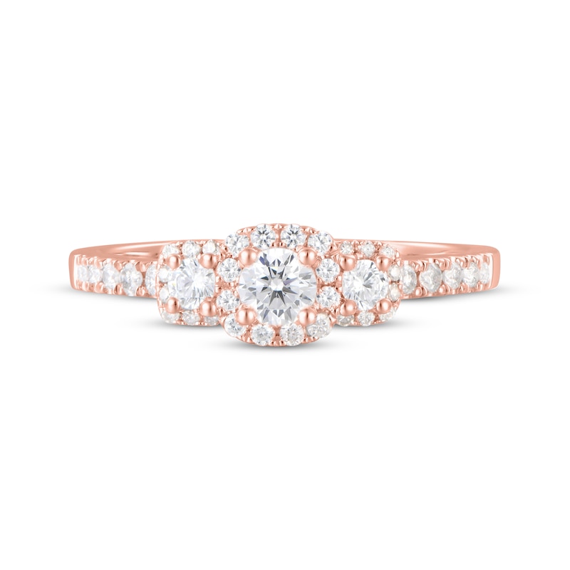 Main Image 4 of Now + Forever Diamond Three-Stone Halo Engagement Ring 1/2 ct tw 14K Rose Gold