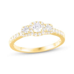 Now + Forever Diamond Three-Stone Halo Engagement Ring 1/2 ct tw 14K Yellow Gold