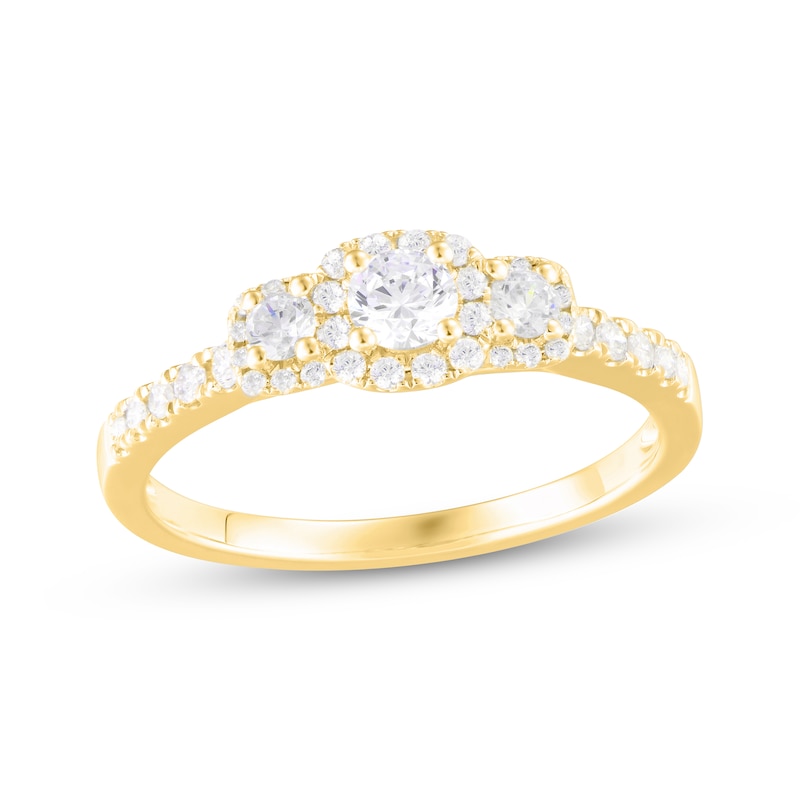 Main Image 1 of Now + Forever Diamond Three-Stone Halo Engagement Ring 1/2 ct tw 14K Yellow Gold
