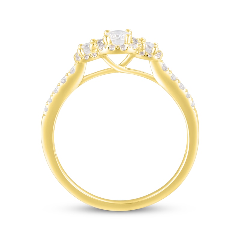 Main Image 3 of Now + Forever Diamond Three-Stone Halo Engagement Ring 1/2 ct tw 14K Yellow Gold