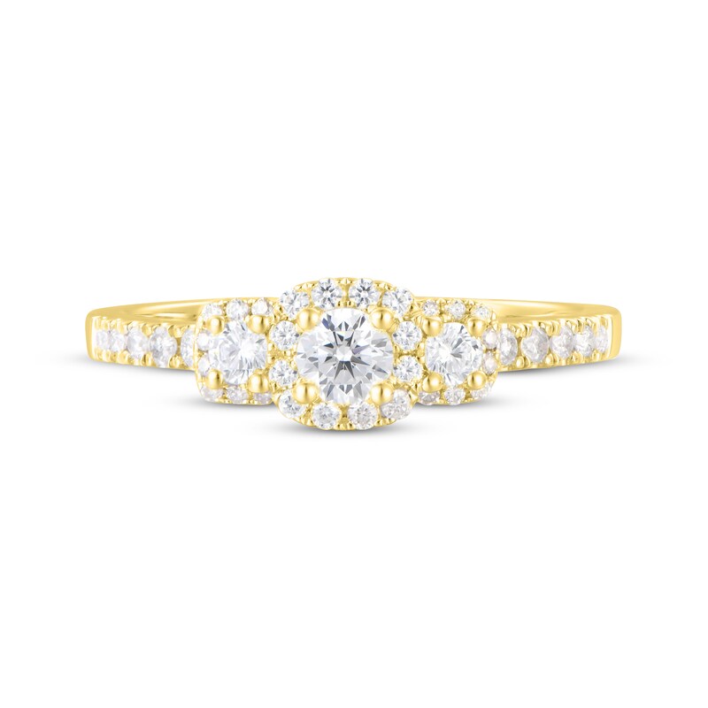 Main Image 4 of Now + Forever Diamond Three-Stone Halo Engagement Ring 1/2 ct tw 14K Yellow Gold