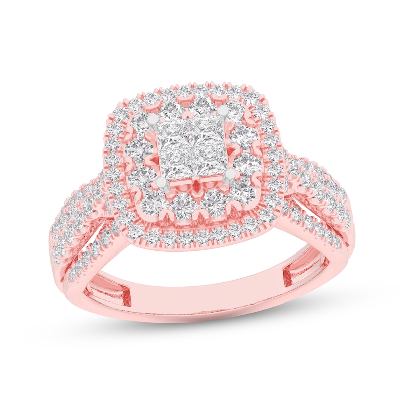 Main Image 1 of Now + Forever Princess-Cut Quad Diamond Double Halo Engagement Ring 1 ct tw 14K Rose Gold