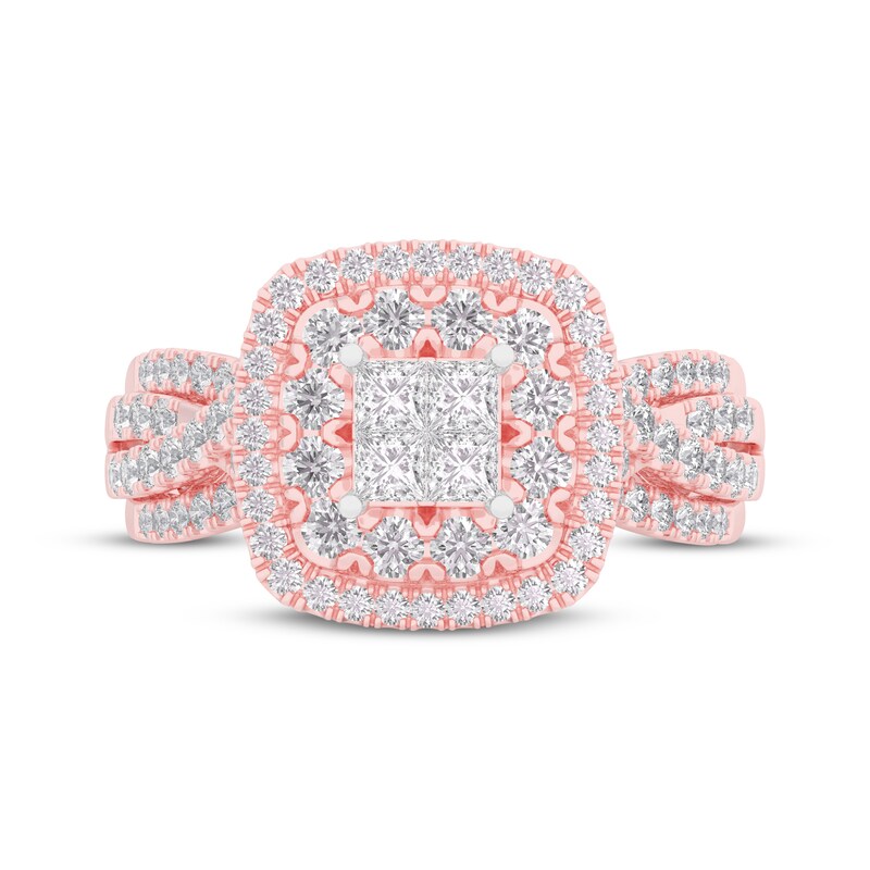 Main Image 3 of Now + Forever Princess-Cut Quad Diamond Double Halo Engagement Ring 1 ct tw 14K Rose Gold