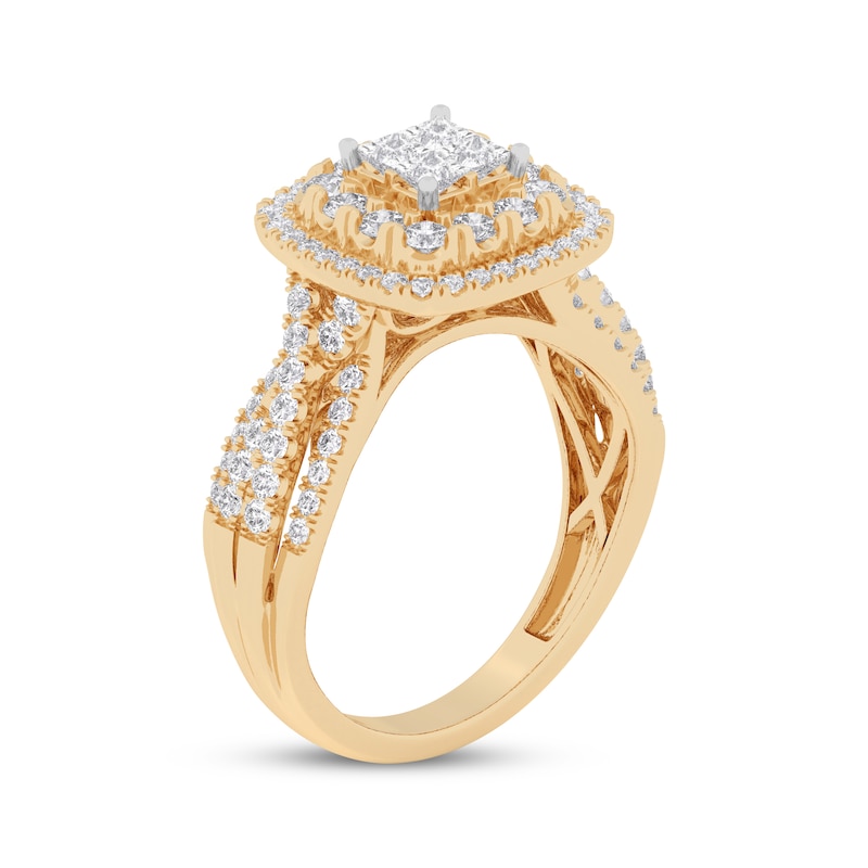 Main Image 2 of Now + Forever Princess-Cut Quad Diamond Double Halo Engagement Ring 1 ct tw 14K Yellow Gold