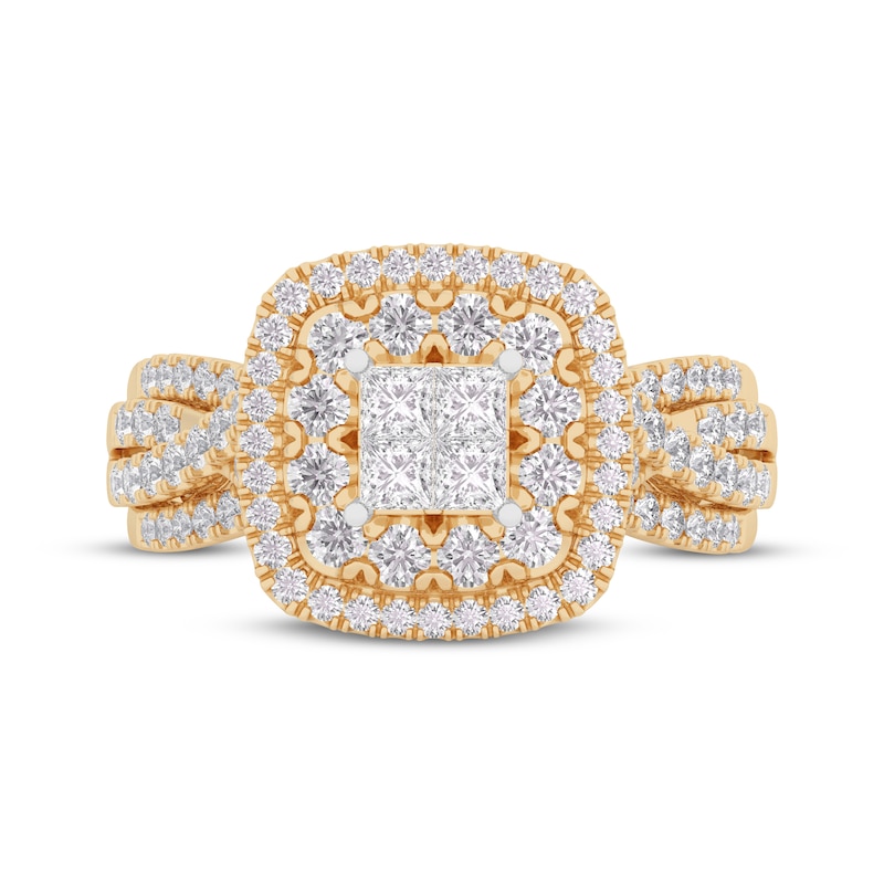 Main Image 3 of Now + Forever Princess-Cut Quad Diamond Double Halo Engagement Ring 1 ct tw 14K Yellow Gold