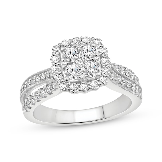 Now + Forever Multi-Diamond Cushion Halo Engagement Ring 1 ct tw 14K White Gold