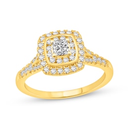 Now + Forever Princess-Cut Diamond Double Cushion Halo Engagement Ring 5/8 ct tw 14K Yellow Gold