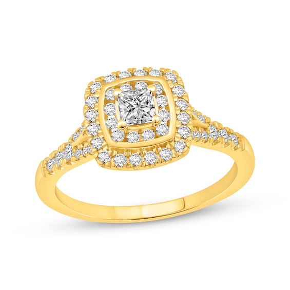 Now + Forever Princess-Cut Diamond Double Cushion Halo Engagement Ring 5/8 ct tw 14K Yellow Gold