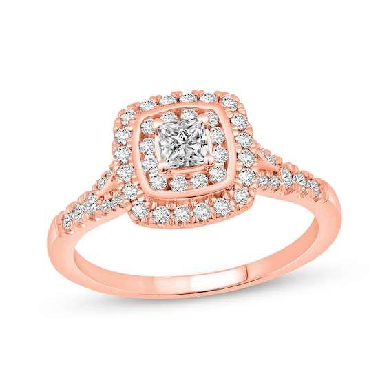 Now + Forever Princess-Cut Diamond Double Cushion Halo Engagement Ring 5/8 ct tw 14K Rose Gold