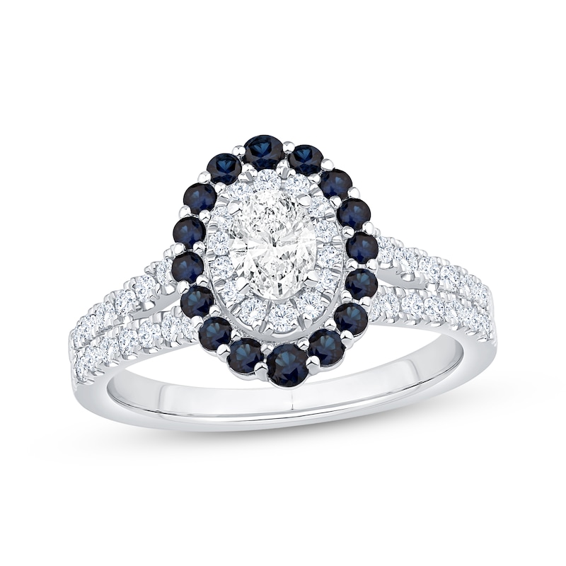 Main Image 1 of Now + Forever Oval-Cut Diamond & Blue Sapphire Double Halo Engagement Ring 5/8 ct tw 14K White Gold