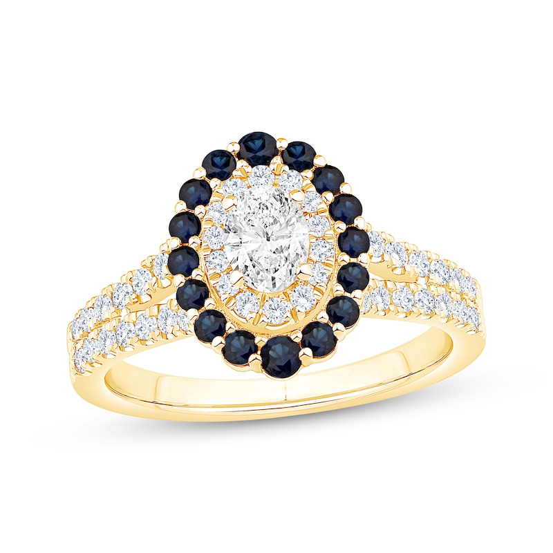 Main Image 1 of Now + Forever Oval-Cut Diamond & Blue Sapphire Double Halo Engagement Ring 5/8 ct tw 14K Yellow Gold