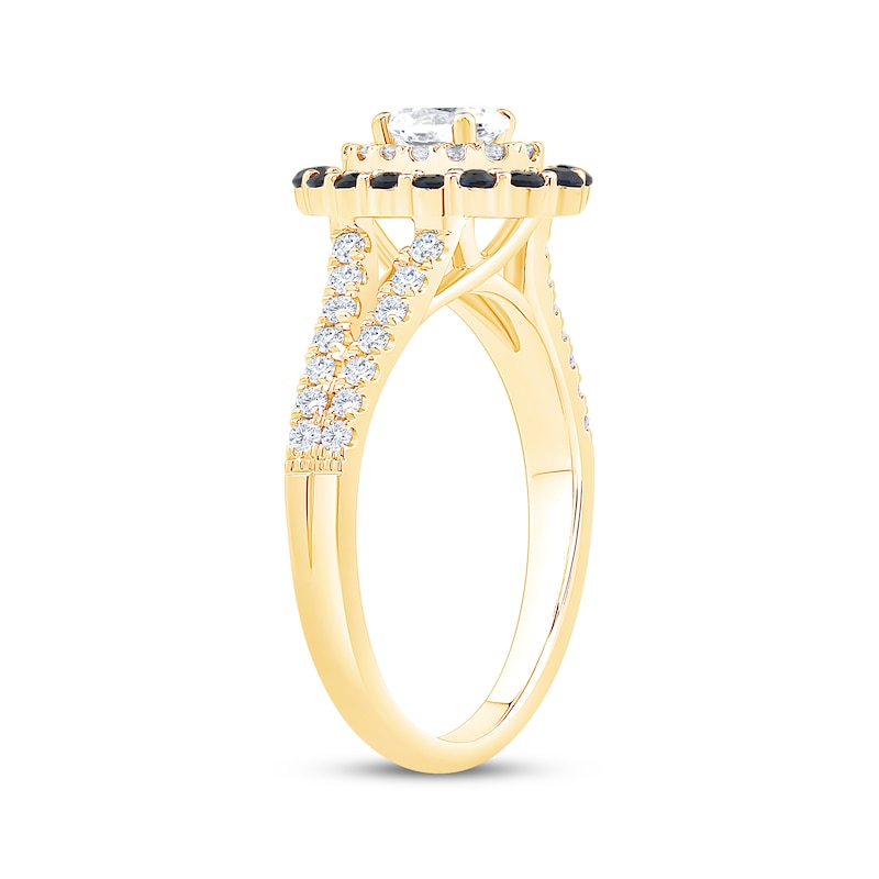 Main Image 2 of Now + Forever Oval-Cut Diamond & Blue Sapphire Double Halo Engagement Ring 5/8 ct tw 14K Yellow Gold