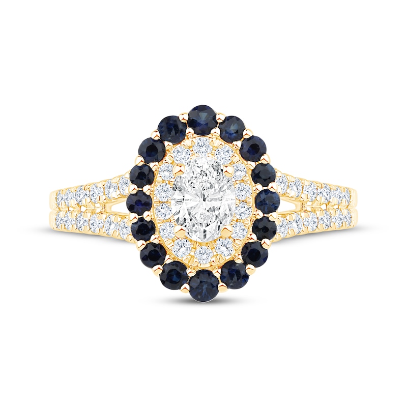 Main Image 3 of Now + Forever Oval-Cut Diamond & Blue Sapphire Double Halo Engagement Ring 5/8 ct tw 14K Yellow Gold