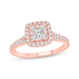 Now + Forever Multi-Diamond Center Cushion Halo Engagement Ring 3/4 ct tw 10K Rose Gold
