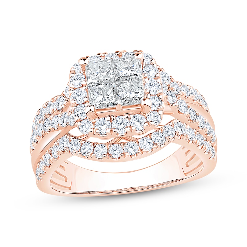 Main Image 1 of Now + Forever Princess-Cut Diamond Quad Halo Engagement Ring 2 ct tw 14K Rose Gold