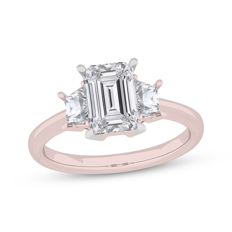 Main Image 1 of Now + Forever Lab-Grown Diamonds Emerald & Trapezoid-Cut Three-Stone Engagement Ring 4-1/6 ct tw 14K Rose Gold