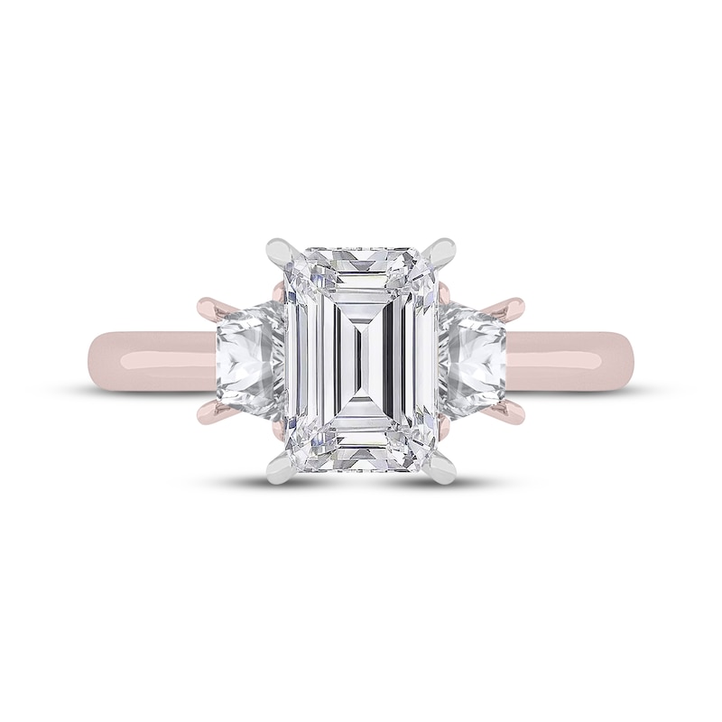 Main Image 3 of Now + Forever Lab-Grown Diamonds Emerald & Trapezoid-Cut Three-Stone Engagement Ring 4-1/6 ct tw 14K Rose Gold