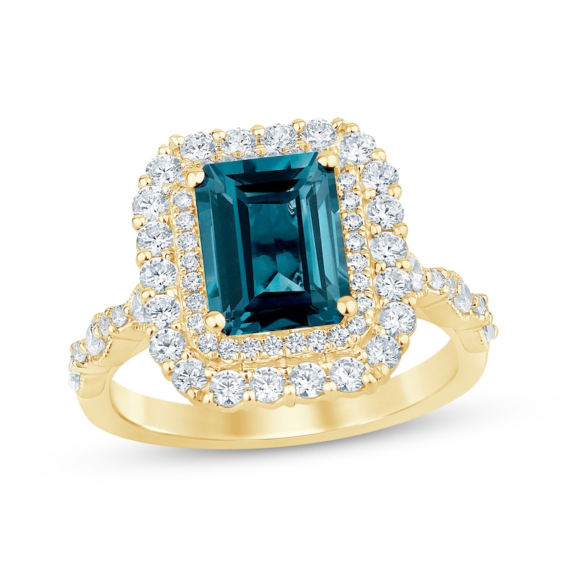 Main Image 1 of Now + Forever Octagon-Cut London Blue Topaz & Diamond Double Halo Engagement Ring 7/8 ct tw 14K Yellow Gold