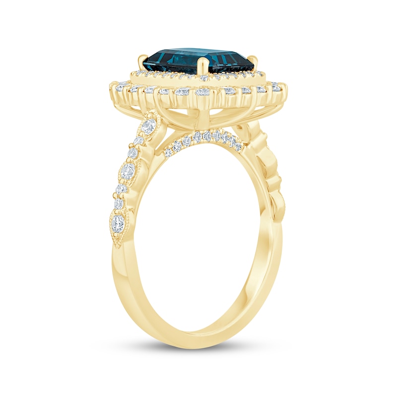 Main Image 2 of Now + Forever Octagon-Cut London Blue Topaz & Diamond Double Halo Engagement Ring 7/8 ct tw 14K Yellow Gold