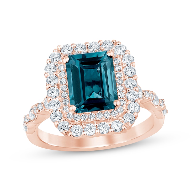 Main Image 1 of Now + Forever Octagon-Cut London Blue Topaz & Diamond Double Halo Engagement Ring 7/8 ct tw 14K Rose Gold