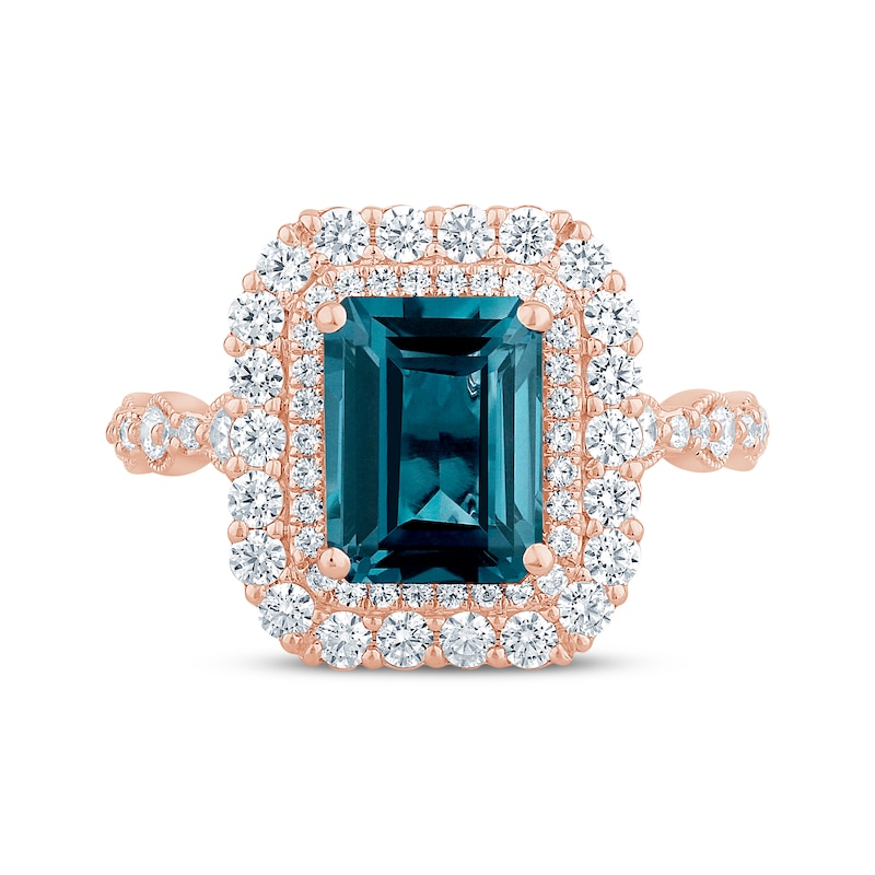Main Image 3 of Now + Forever Octagon-Cut London Blue Topaz & Diamond Double Halo Engagement Ring 7/8 ct tw 14K Rose Gold